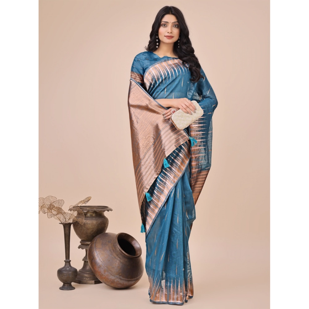 Generic Women's Linen Cotton Printed Saree With Unstitched Blouse 5.5Mtr (Blue) - Image 2