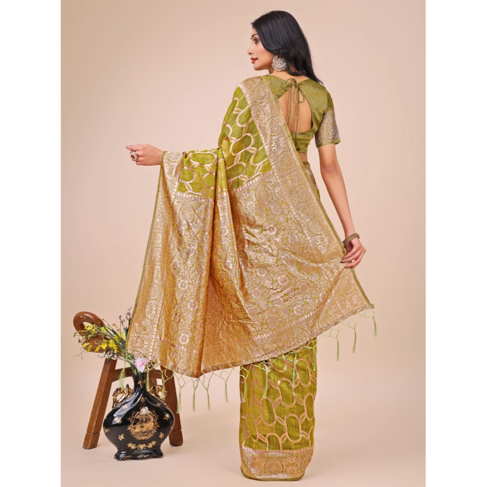 Generic Women's Linen Cotton Printed Saree With Unstitched Blouse 5.5Mtr (Olive Green) - Image 3