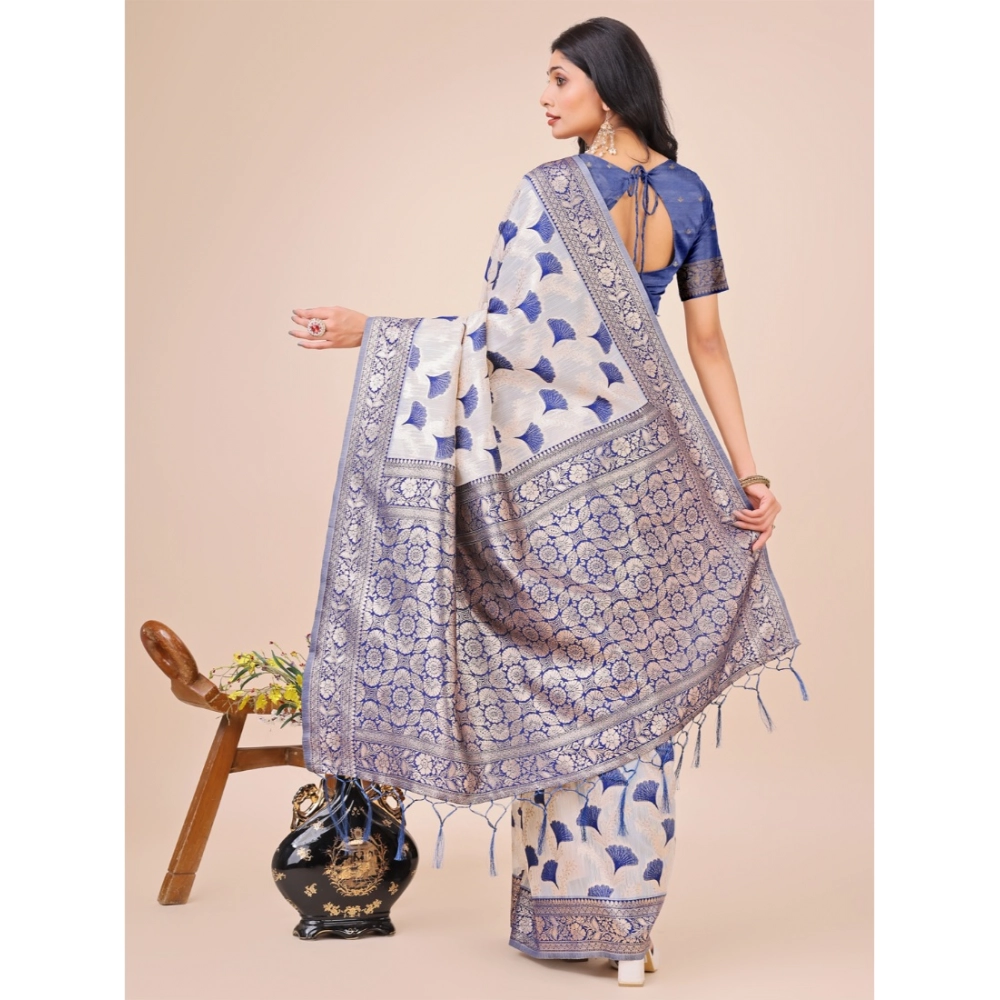 Generic Women's Linen Cotton Printed Saree With Unstitched Blouse 5.5Mtr (Blue) - Image 3
