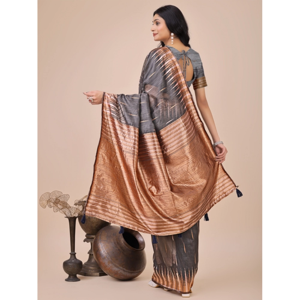 Generic Women's Linen Cotton Printed Saree With Unstitched Blouse 5.5Mtr (Grey) - Image 3