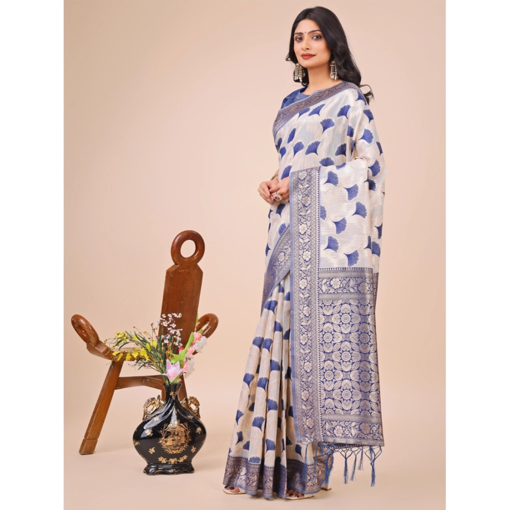 Generic Women's Linen Cotton Printed Saree With Unstitched Blouse 5.5Mtr (Blue)