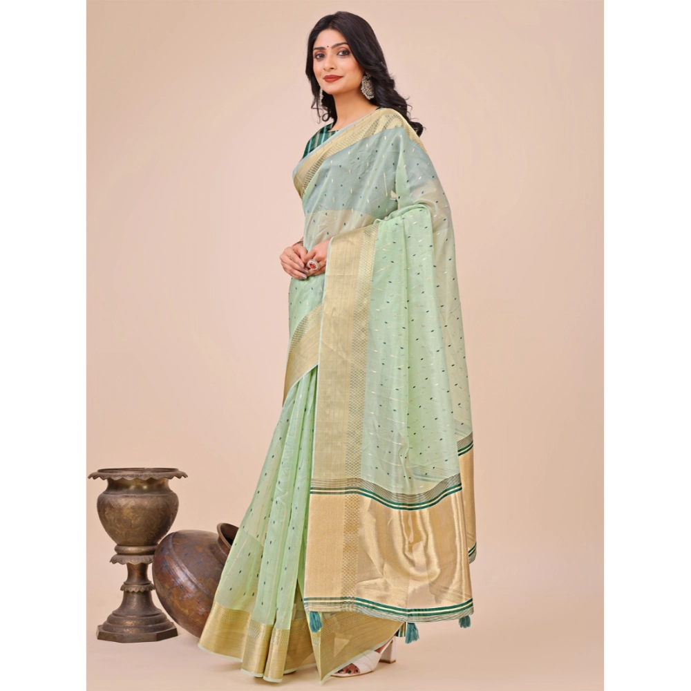 Generic Women's Organza Printed Saree With Unstitched Blouse 5.5Mtr (Olive Green) - Image 2