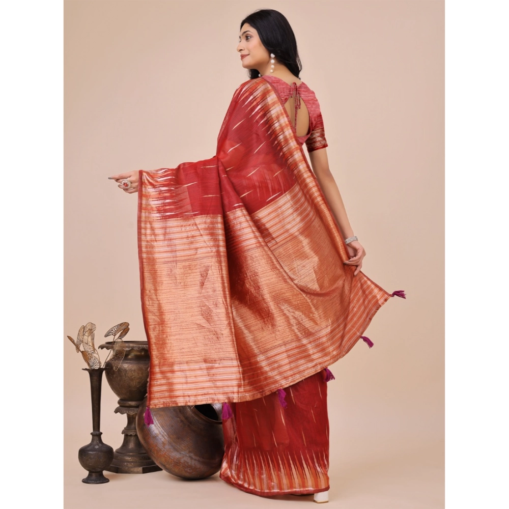 Generic Women's Linen Cotton Printed Saree With Unstitched Blouse 5.5Mtr (Red) - Image 3
