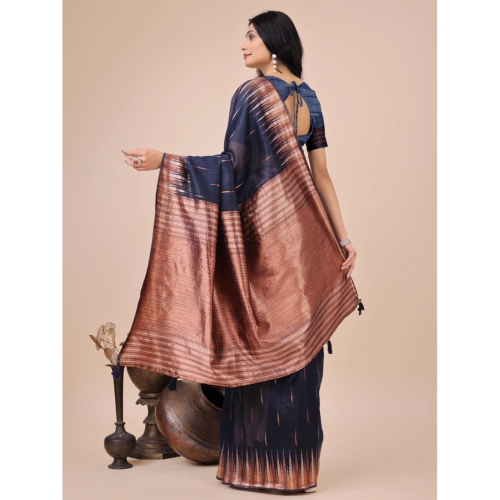 Generic Women's Linen Cotton Printed Saree With Unstitched Blouse 5.5Mtr (Navy Blue) - Image 3