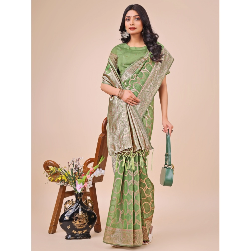 Generic Women's Linen Cotton Printed Saree With Unstitched Blouse 5.5Mtr (Green) - Image 2