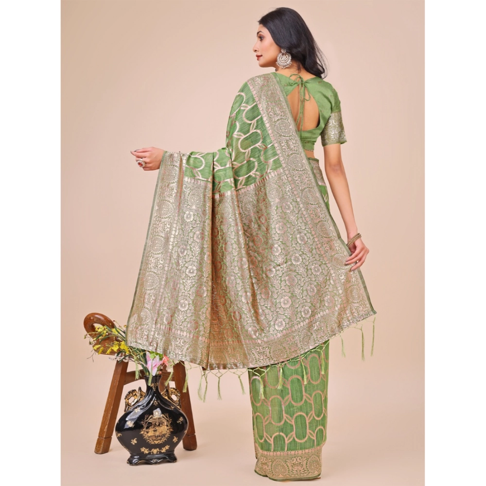 Generic Women's Linen Cotton Printed Saree With Unstitched Blouse 5.5Mtr (Green) - Image 3
