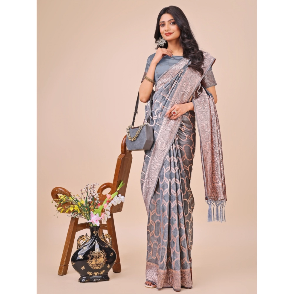 Generic Women's Linen Cotton Printed Saree With Unstitched Blouse 5.5Mtr (Grey) - Image 2