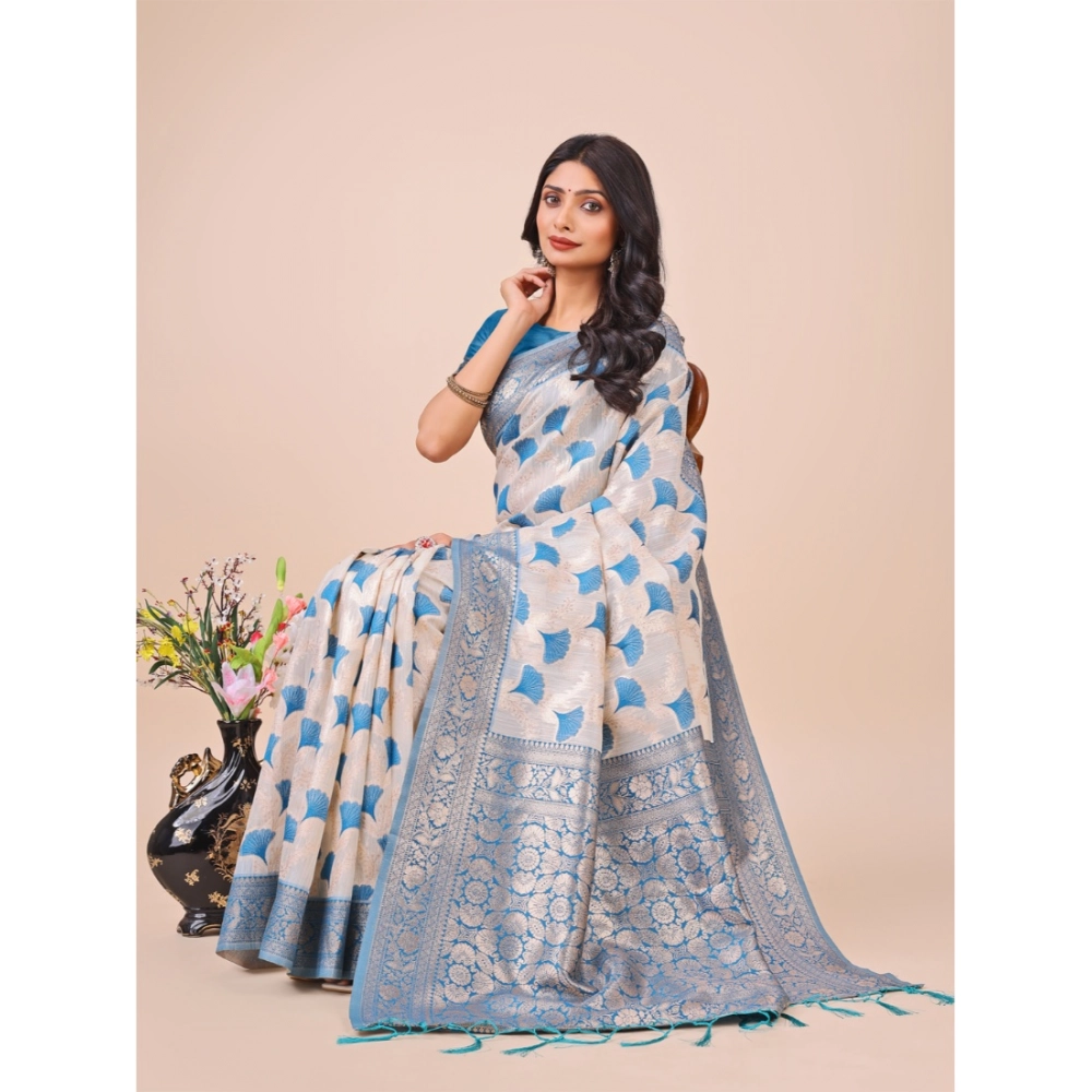 Generic Women's Linen Cotton Printed Saree With Unstitched Blouse 5.5Mtr (Sky Blue) - Image 2