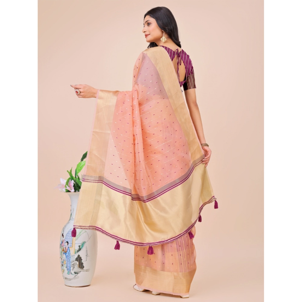 Generic Women's Organza Printed Saree With Unstitched Blouse 5.5Mtr (Light Pink) - Image 3