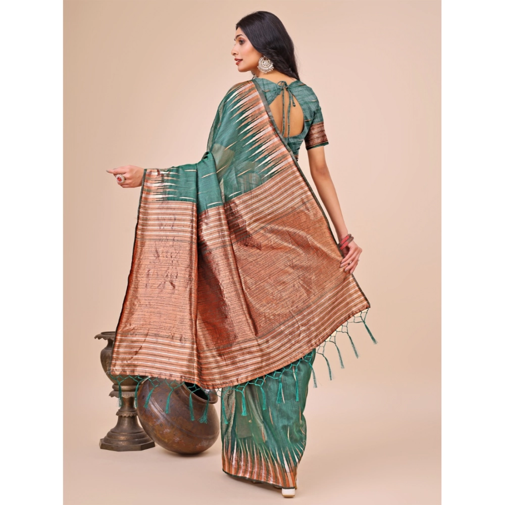 Generic Women's Linen Cotton Printed Saree With Unstitched Blouse 5.5Mtr (Green) - Image 3