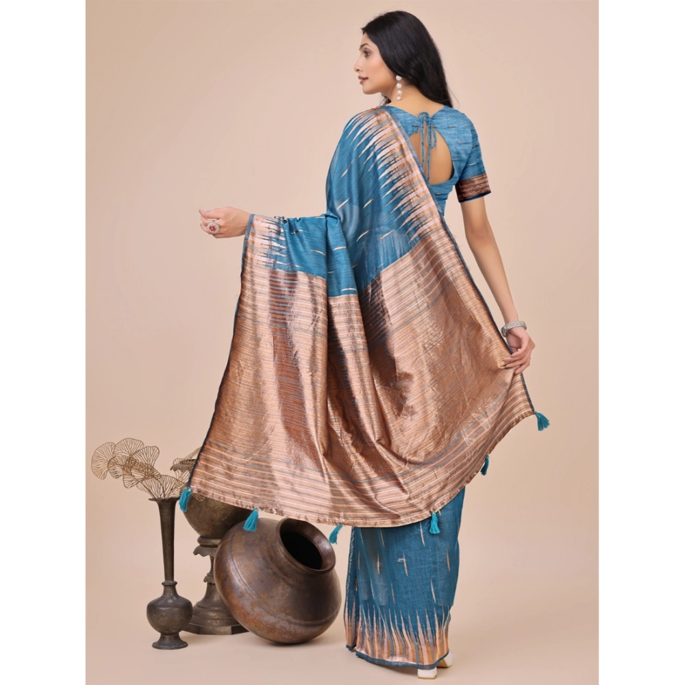 Generic Women's Linen Cotton Printed Saree With Unstitched Blouse 5.5Mtr (Blue) - Image 3