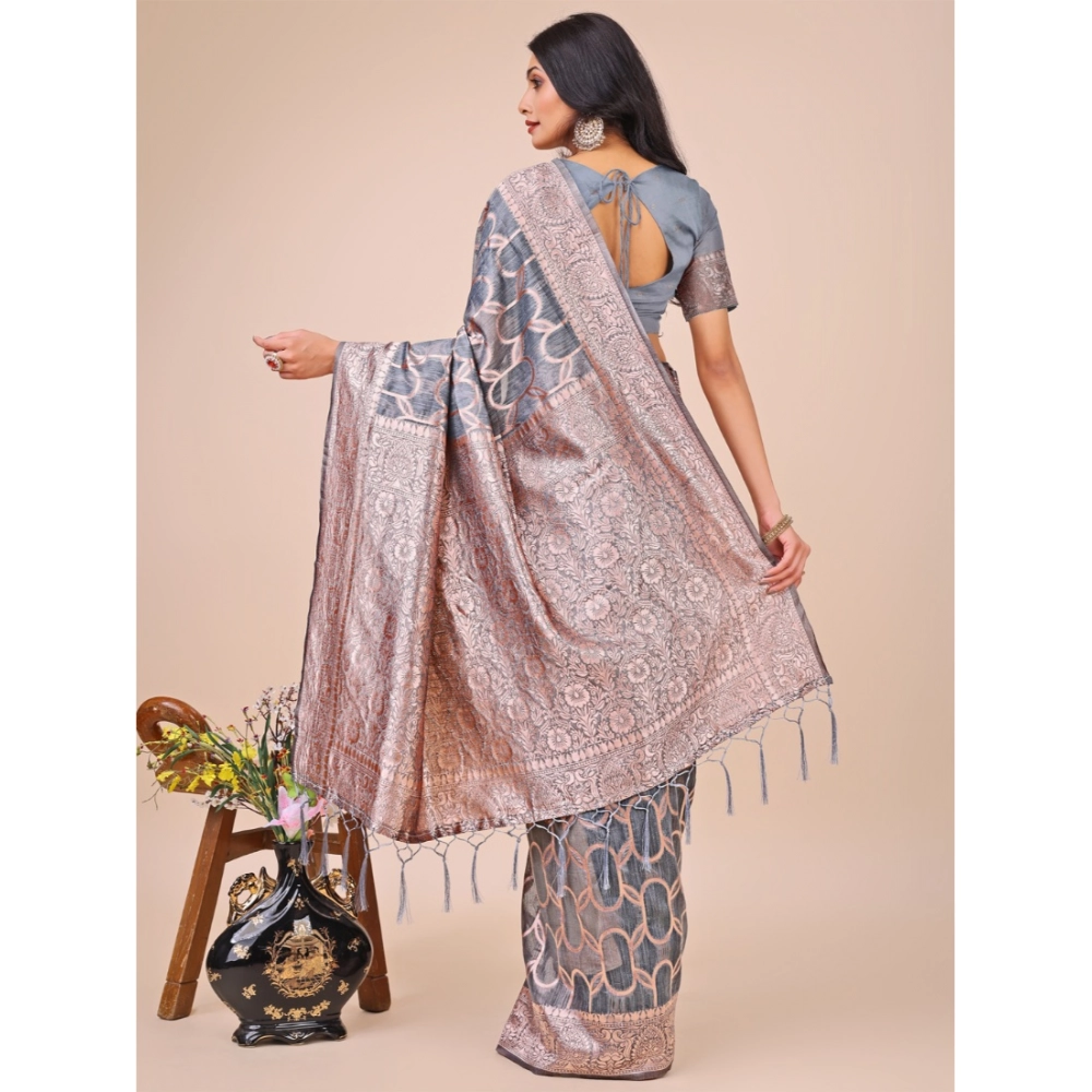 Generic Women's Linen Cotton Printed Saree With Unstitched Blouse 5.5Mtr (Grey) - Image 3