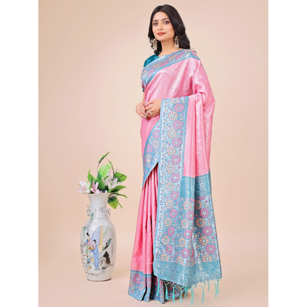 Generic Women's Lichi Silk Printed Saree With Unstitched Blouse 5.5Mtr (Pink) - Image 2