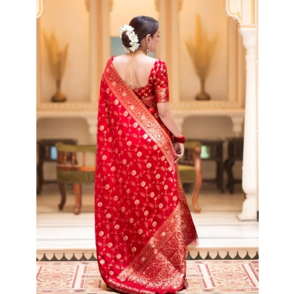 Generic Women's Silk Printed Saree With Unstitched Blouse 5.5Mtr (Red) - Image 3