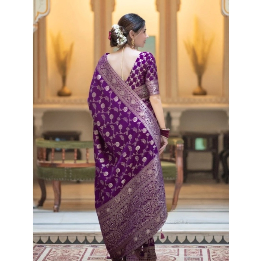 Generic Women's Silk Printed Saree With Unstitched Blouse 5.5Mtr (Purple) - Image 3