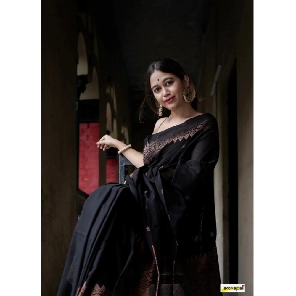 Generic Women's Silk Printed Saree With Unstitched Blouse 5.5Mtr (Black) - Image 3