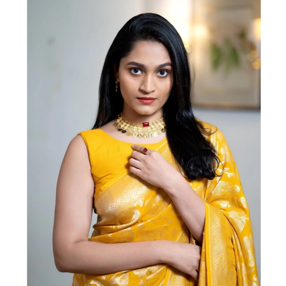 Generic Women's Silk Printed Saree With Unstitched Blouse 5.5Mtr (Yellow) - Image 3