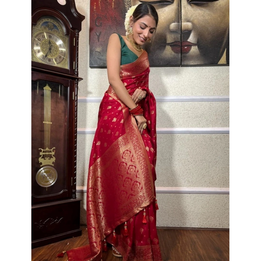 Generic Women's Silk Printed Saree With Unstitched Blouse 5.5Mtr (Red) - Image 2