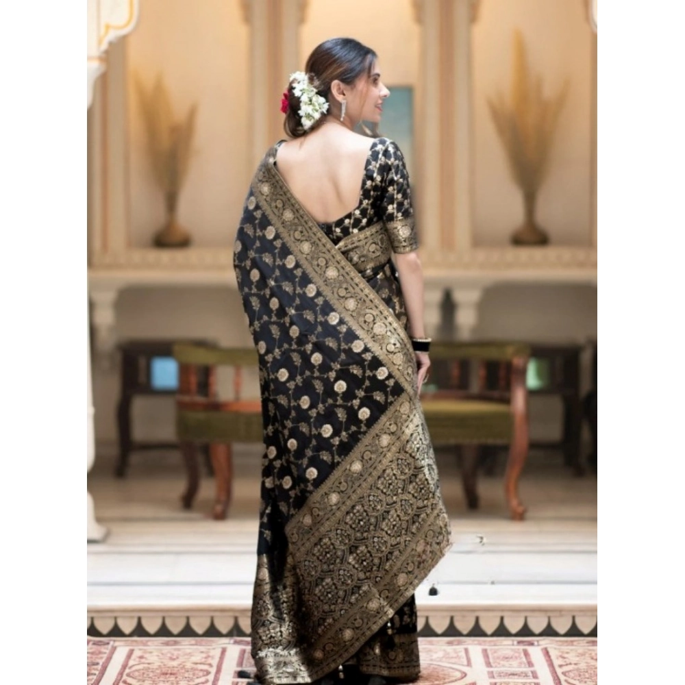 Generic Women's Silk Printed Saree With Unstitched Blouse 5.5Mtr (Black) - Image 2