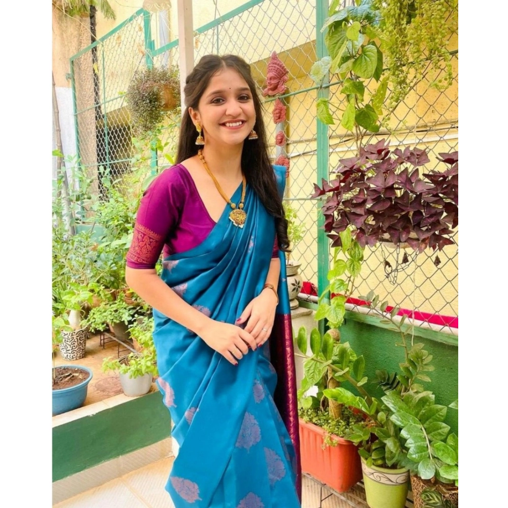 Generic Women's Silk Printed Saree With Unstitched Blouse 5.5Mtr (Rama) - Image 3