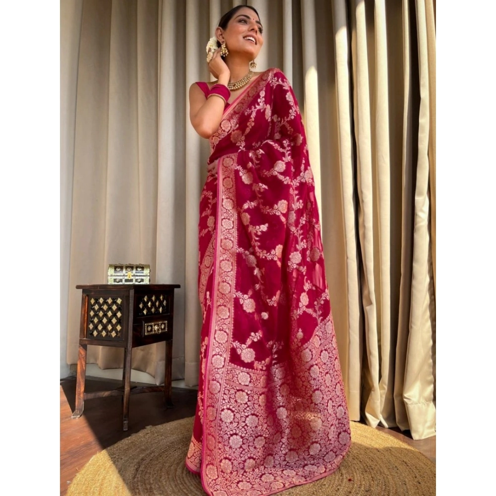 Generic Women's Silk Printed Saree With Unstitched Blouse 5.5Mtr (Pink) - Image 2