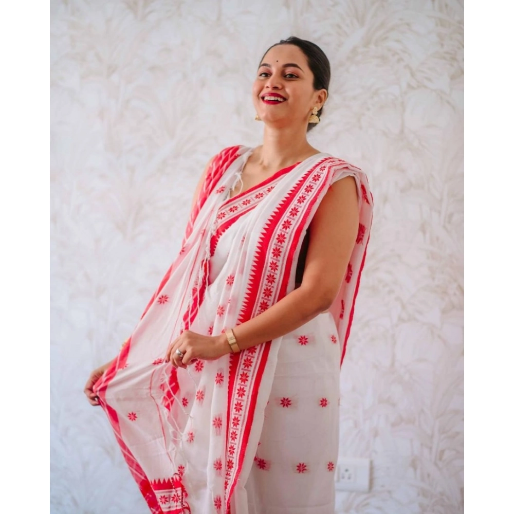 Generic Women's Cotton Printed Saree With Unstitched Blouse 5.5Mtr (White-Pink) - Image 2