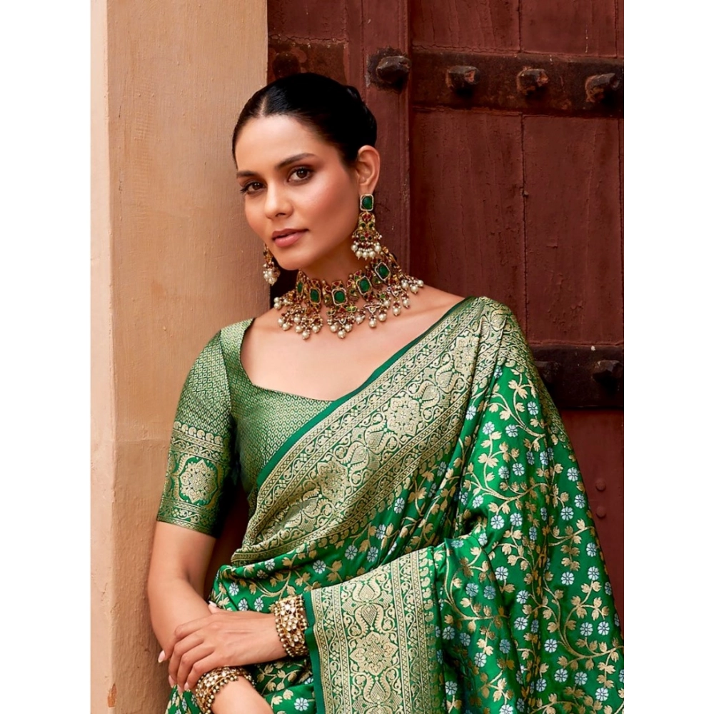 Generic Women's Silk Printed Saree With Unstitched Blouse 5.5Mtr (Green) - Image 2