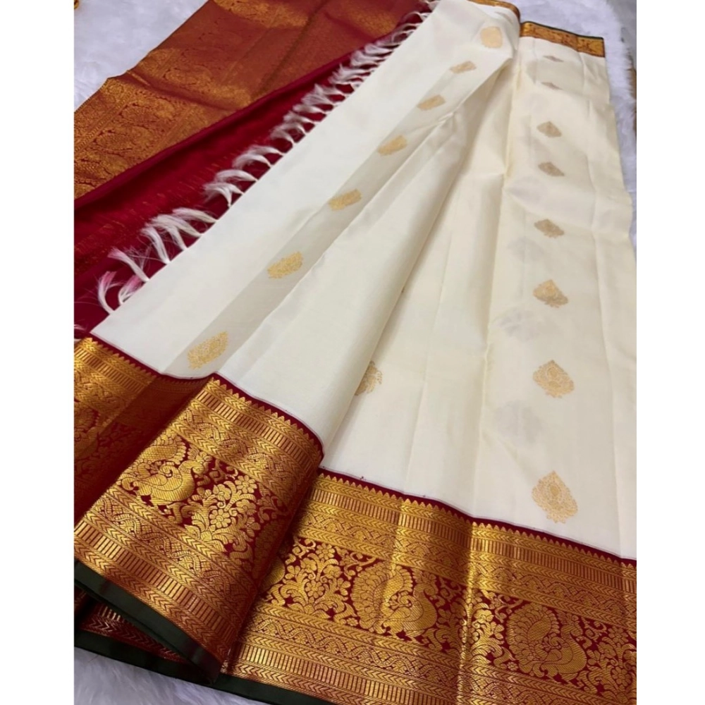 Generic Women's Silk Printed Saree With Unstitched Blouse 5.5Mtr (Off White-Red) - Image 2