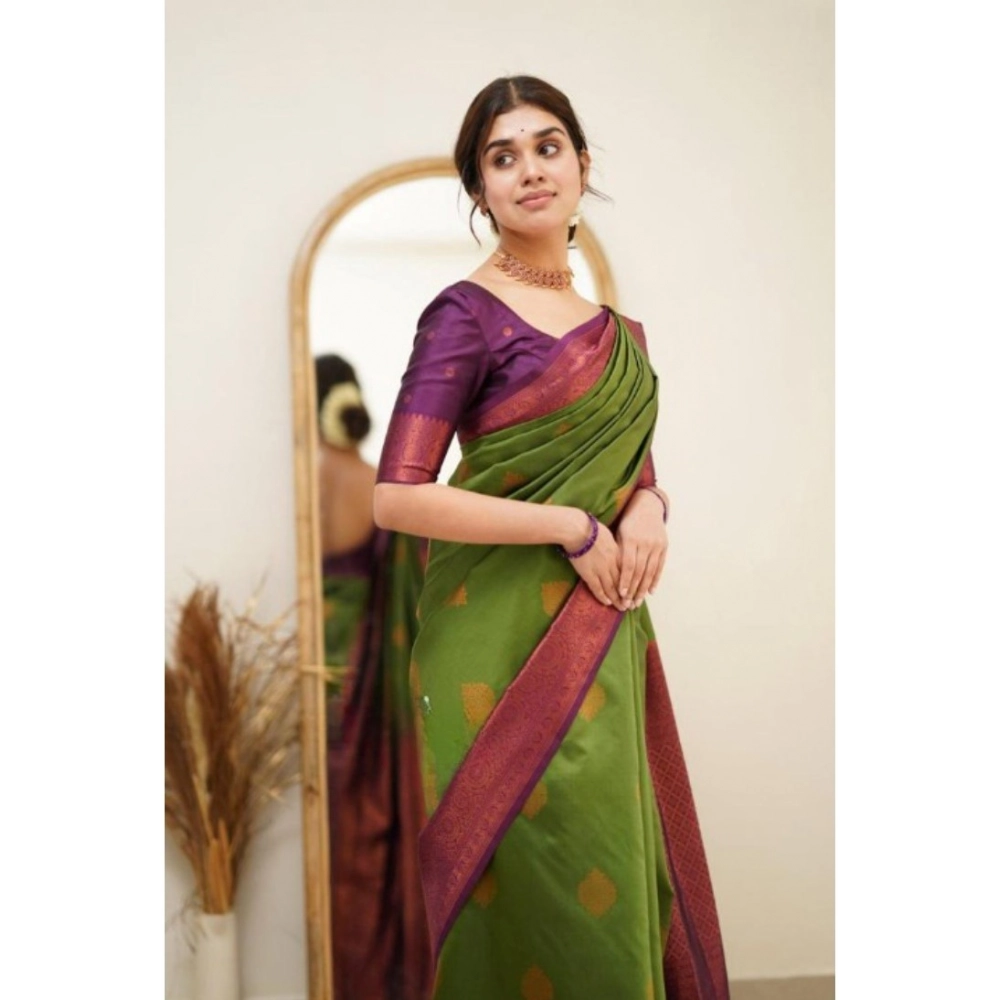 Generic Women's Silk Printed Saree With Unstitched Blouse 5.5Mtr (Green) - Image 2