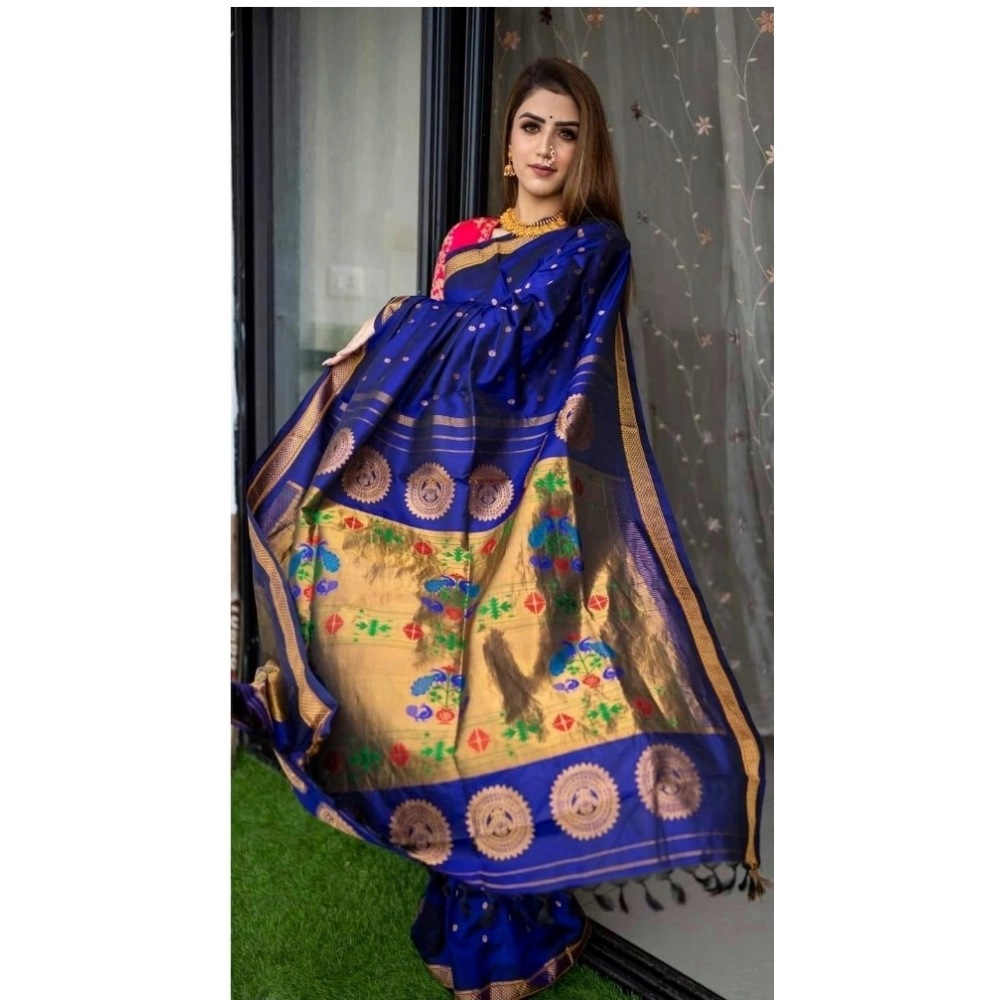Generic Women's Silk Printed Saree With Unstitched Blouse 5.5Mtr (Blue) - Image 2