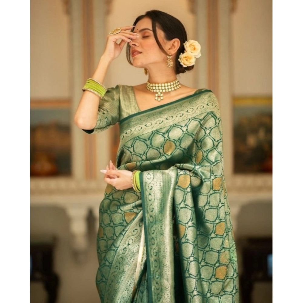 Generic Women's Silk Printed Saree With Unstitched Blouse 5.5Mtr (Green) - Image 3