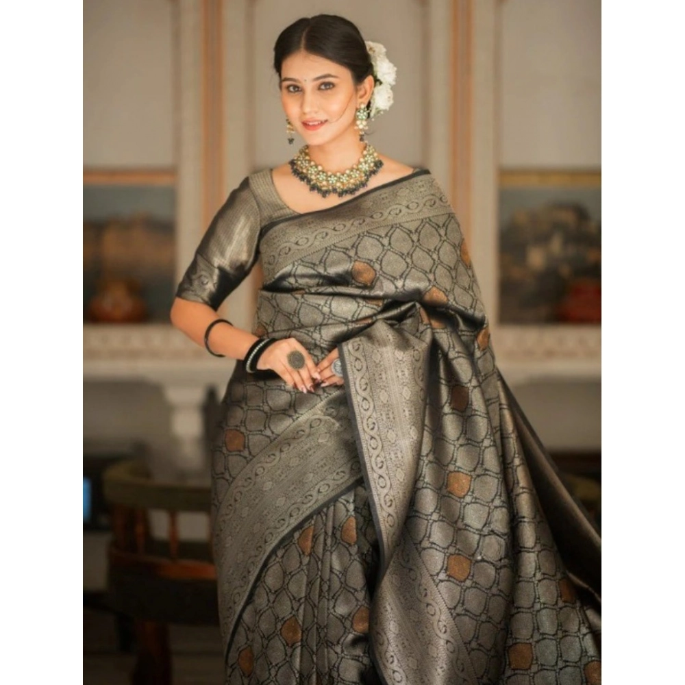 Generic Women's Silk Printed Saree With Unstitched Blouse 5.5Mtr (Black) - Image 3
