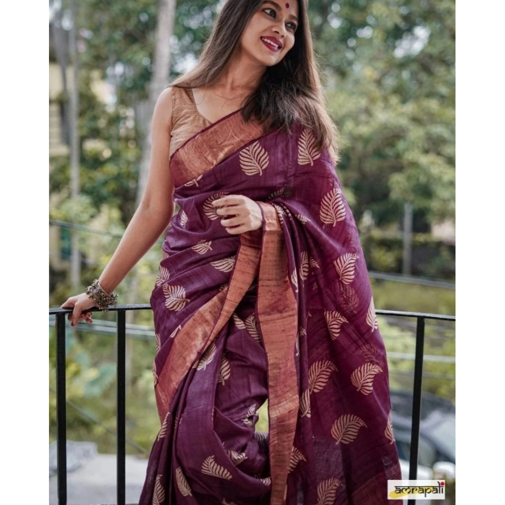 Generic Women's Silk Printed Saree With Unstitched Blouse 5.5Mtr (Purple) - Image 2