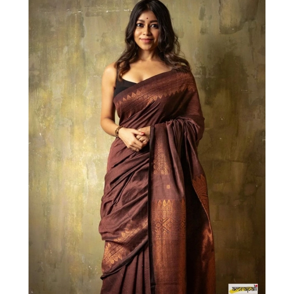 Generic Women's Silk Printed Saree With Unstitched Blouse 5.5Mtr (Coffee) - Image 3