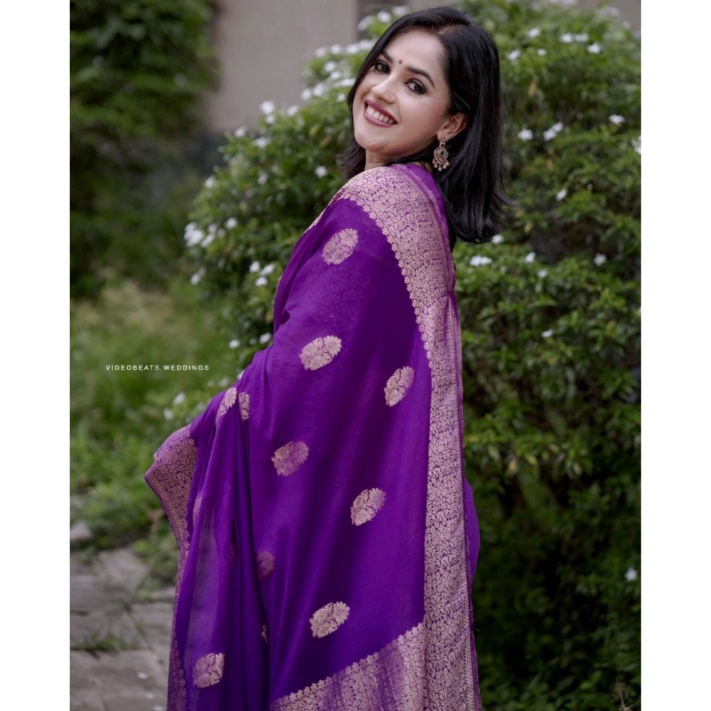 Generic Women's Silk Printed Saree With Unstitched Blouse 5.5Mtr (Purple) - Image 3