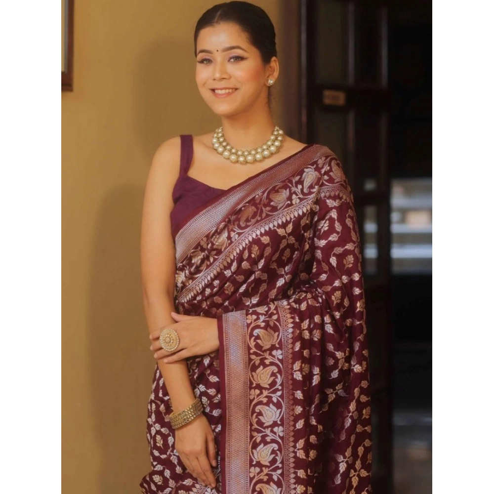 Generic Women's Silk Printed Saree With Unstitched Blouse 5.5Mtr (Maroon) - Image 2