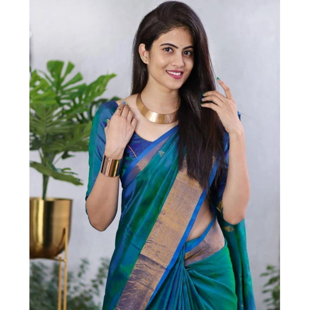 Generic Women's Silk Printed Saree With Unstitched Blouse 5.5Mtr (Blue) - Image 3
