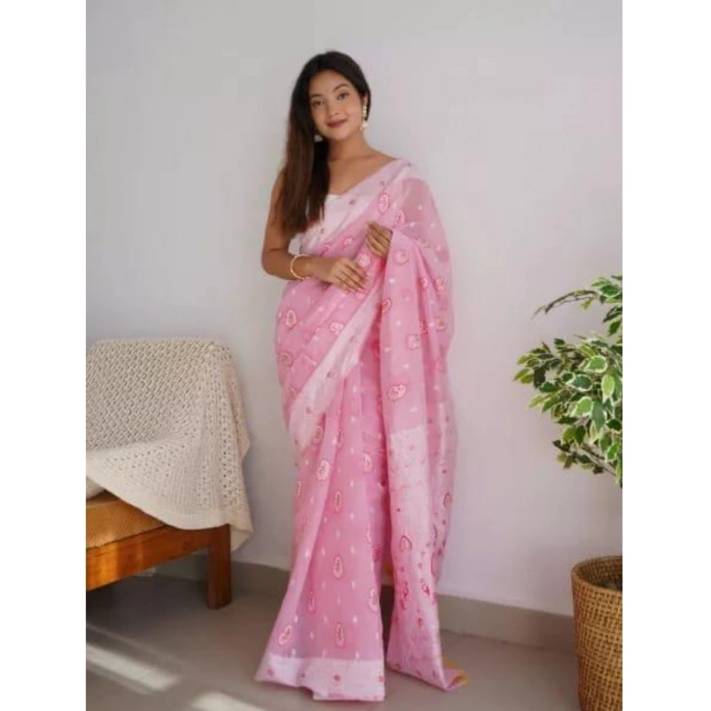 Generic Women's Cotton Printed Saree With Unstitched Blouse 5.5Mtr (Pink) - Image 3