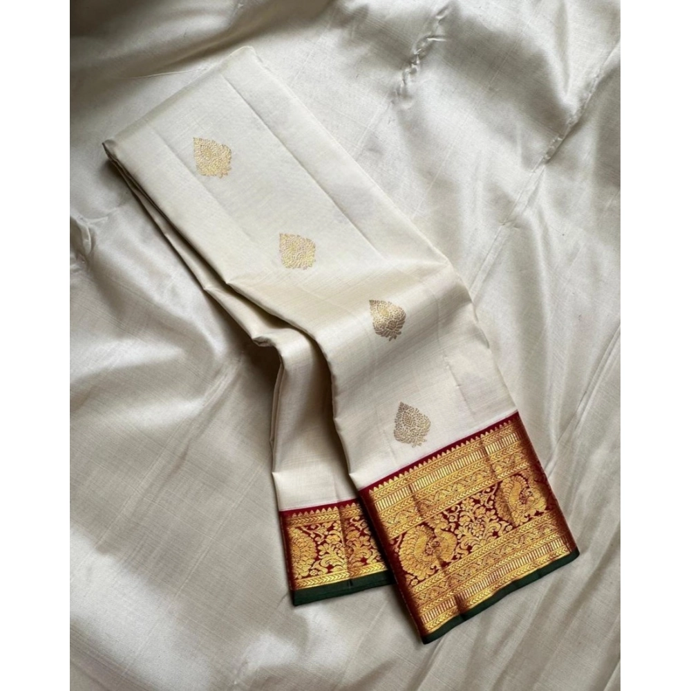 Generic Women's Silk Printed Saree With Unstitched Blouse 5.5Mtr (Off White-Red) - Image 3