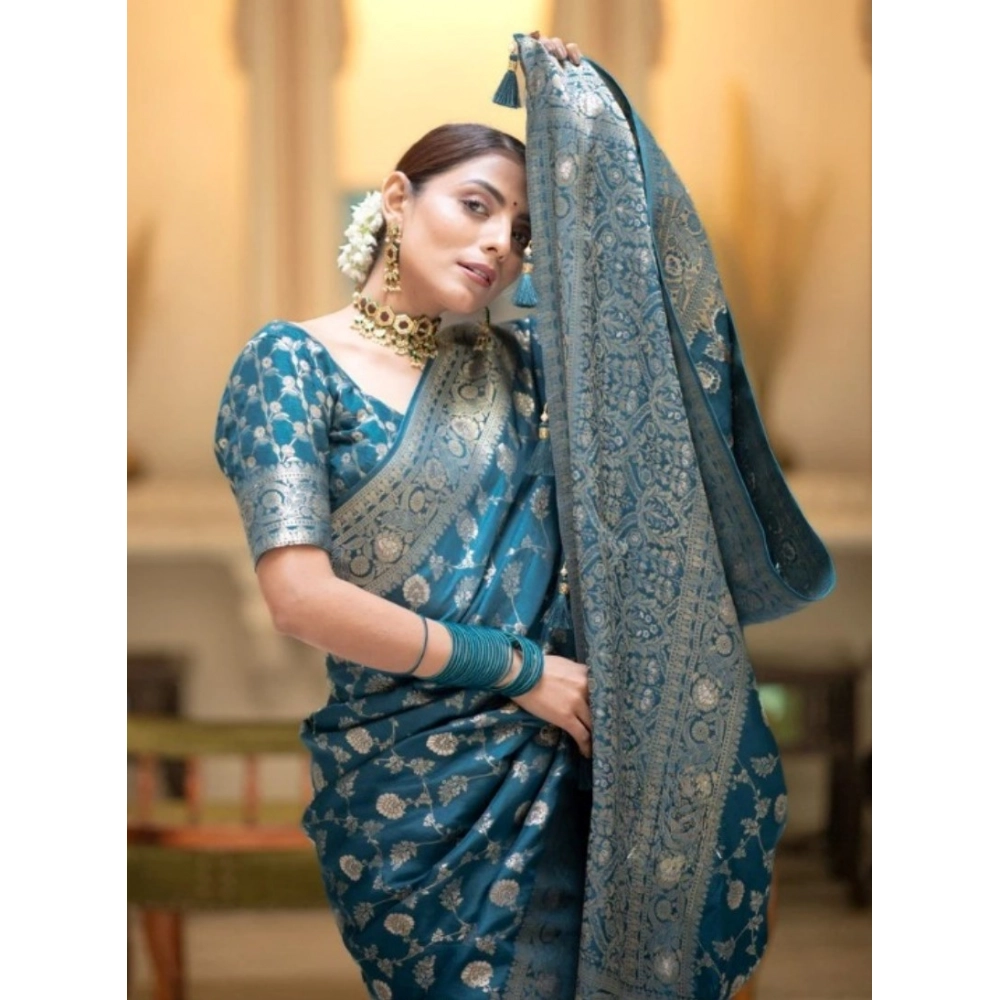 Generic Women's Silk Printed Saree With Unstitched Blouse 5.5Mtr (Rama) - Image 2