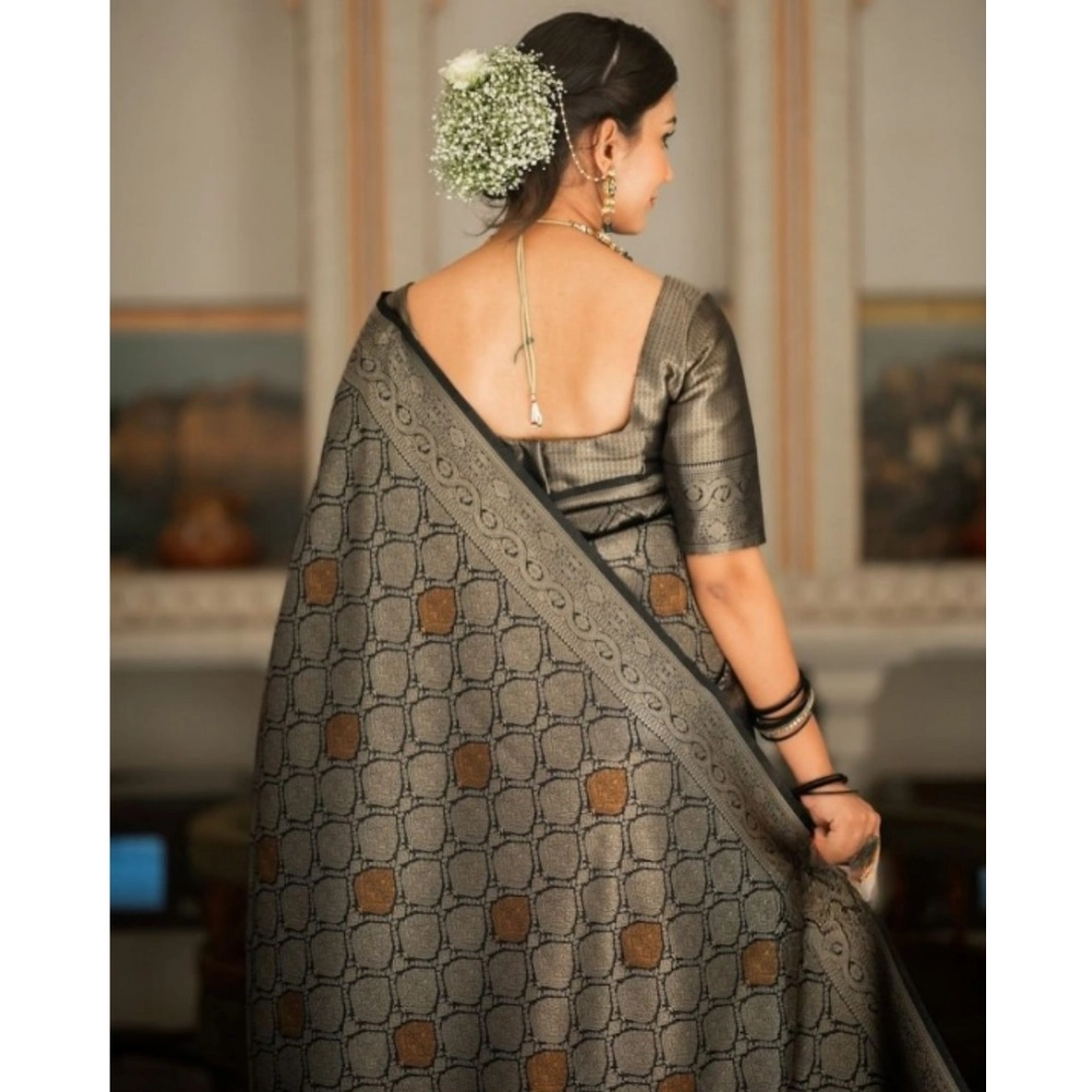 Generic Women's Silk Printed Saree With Unstitched Blouse 5.5Mtr (Black) - Image 2