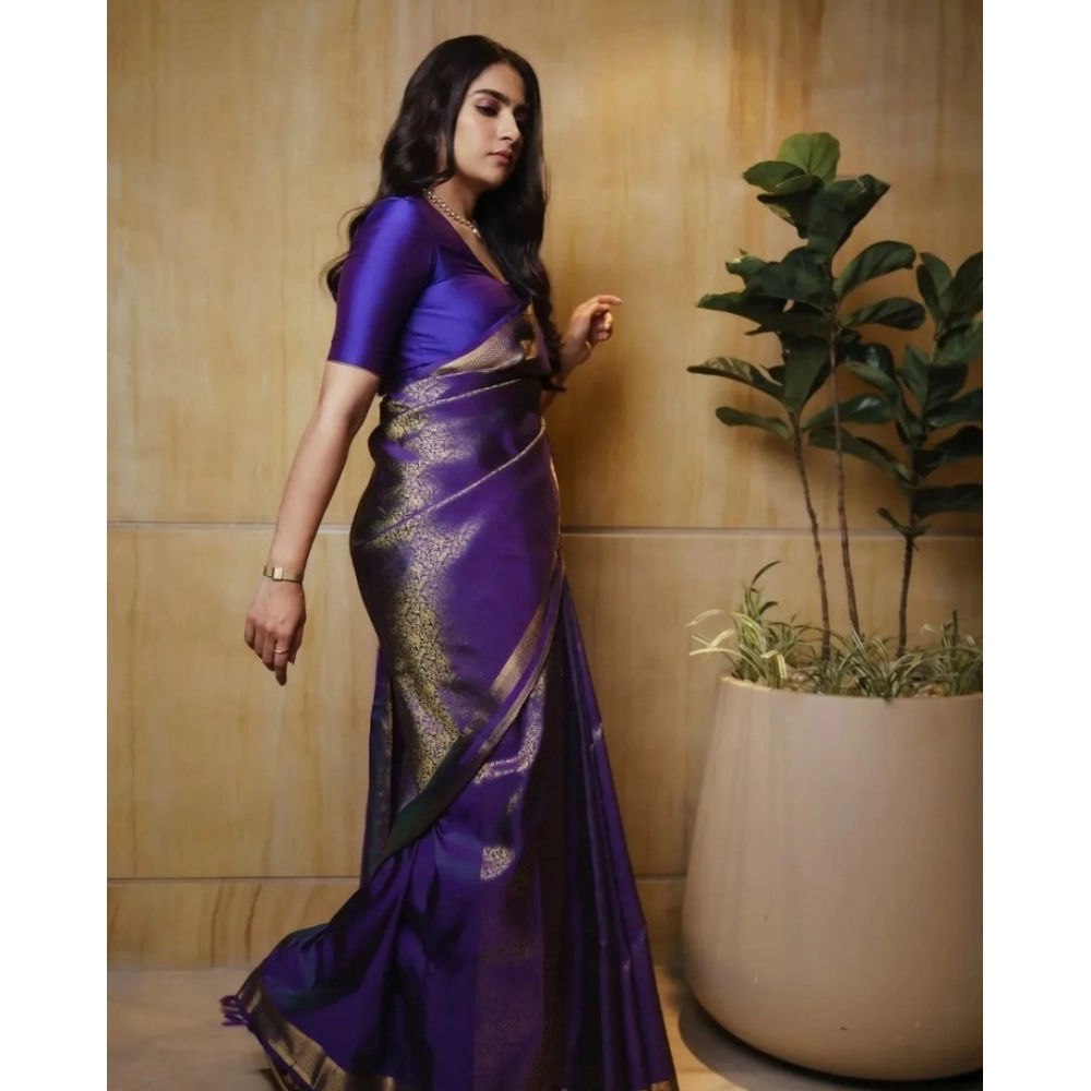 Generic Women's Silk Printed Saree With Unstitched Blouse 5.5Mtr (Purple) - Image 3