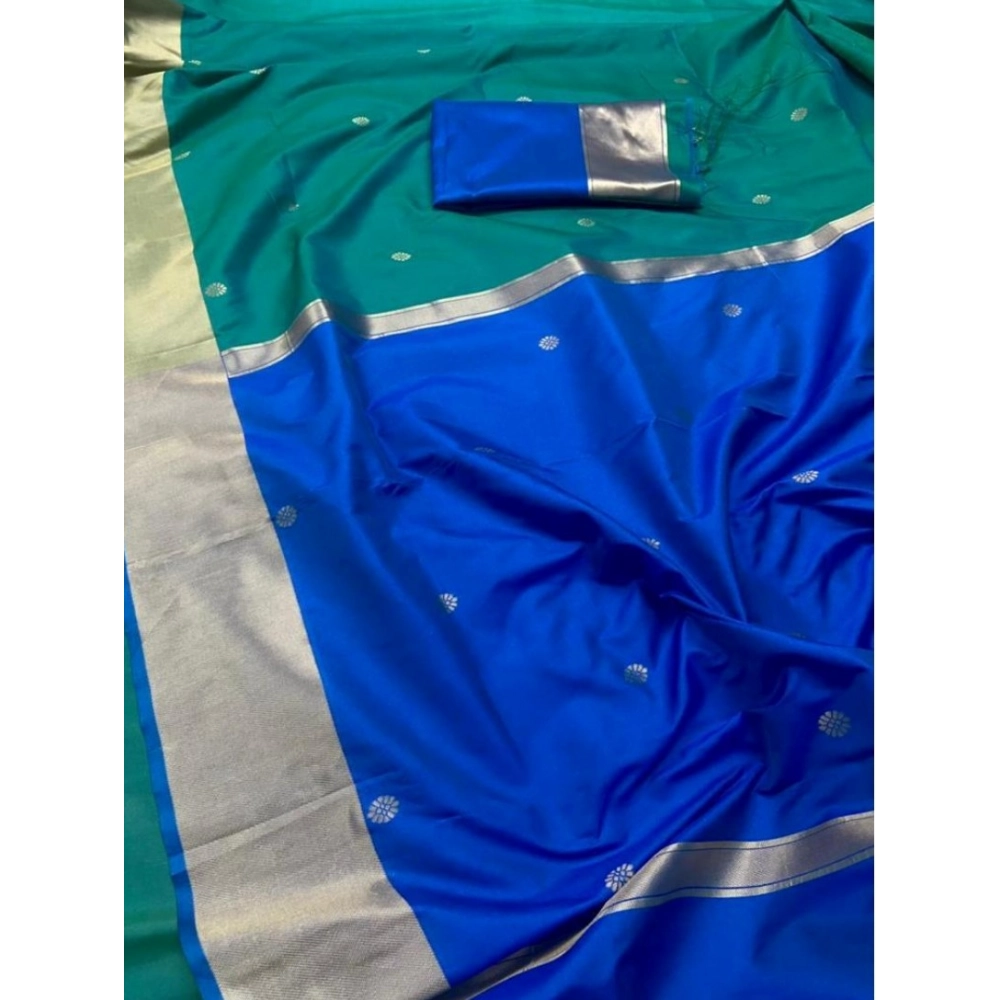 Generic Women's Silk Printed Saree With Unstitched Blouse 5.5Mtr (Blue) - Image 2