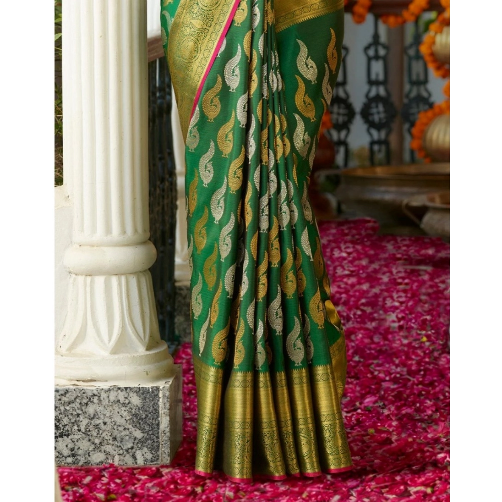 Generic Women's Silk Printed Saree With Unstitched Blouse 5.5Mtr (Green) - Image 2