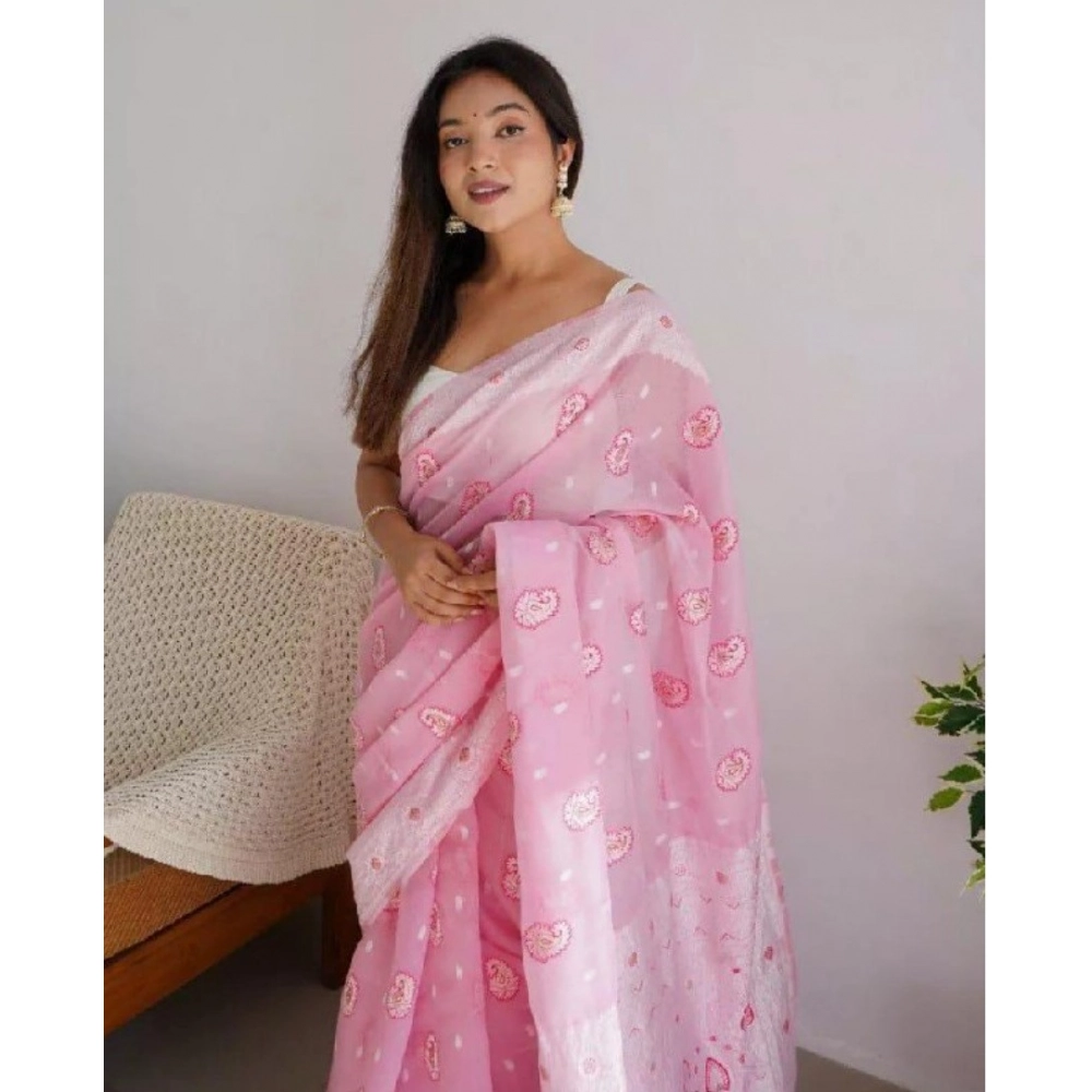 Generic Women's Cotton Printed Saree With Unstitched Blouse 5.5Mtr (Pink) - Image 2