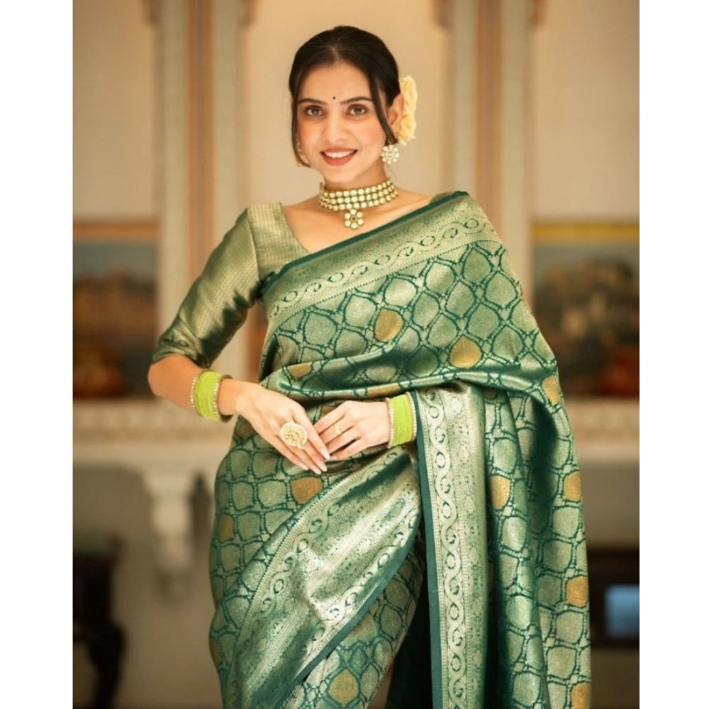 Generic Women's Silk Printed Saree With Unstitched Blouse 5.5Mtr (Green) - Image 2