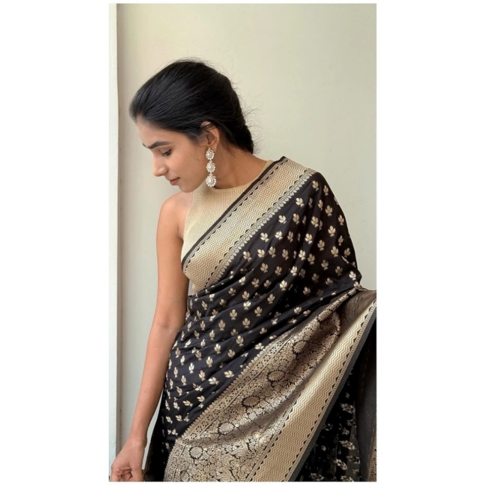 Generic Women's Silk Printed Saree With Unstitched Blouse 5.5Mtr (Black) - Image 3