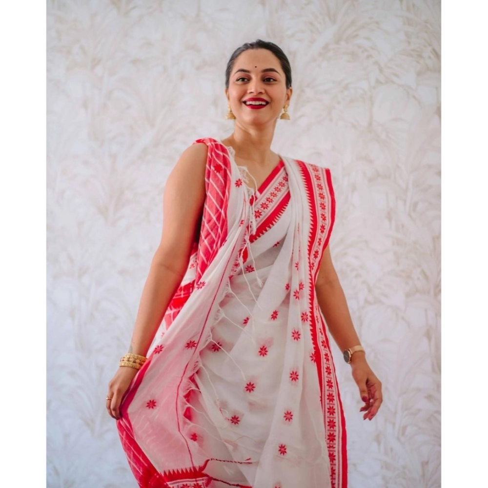 Generic Women's Cotton Printed Saree With Unstitched Blouse 5.5Mtr (White-Pink) - Image 3