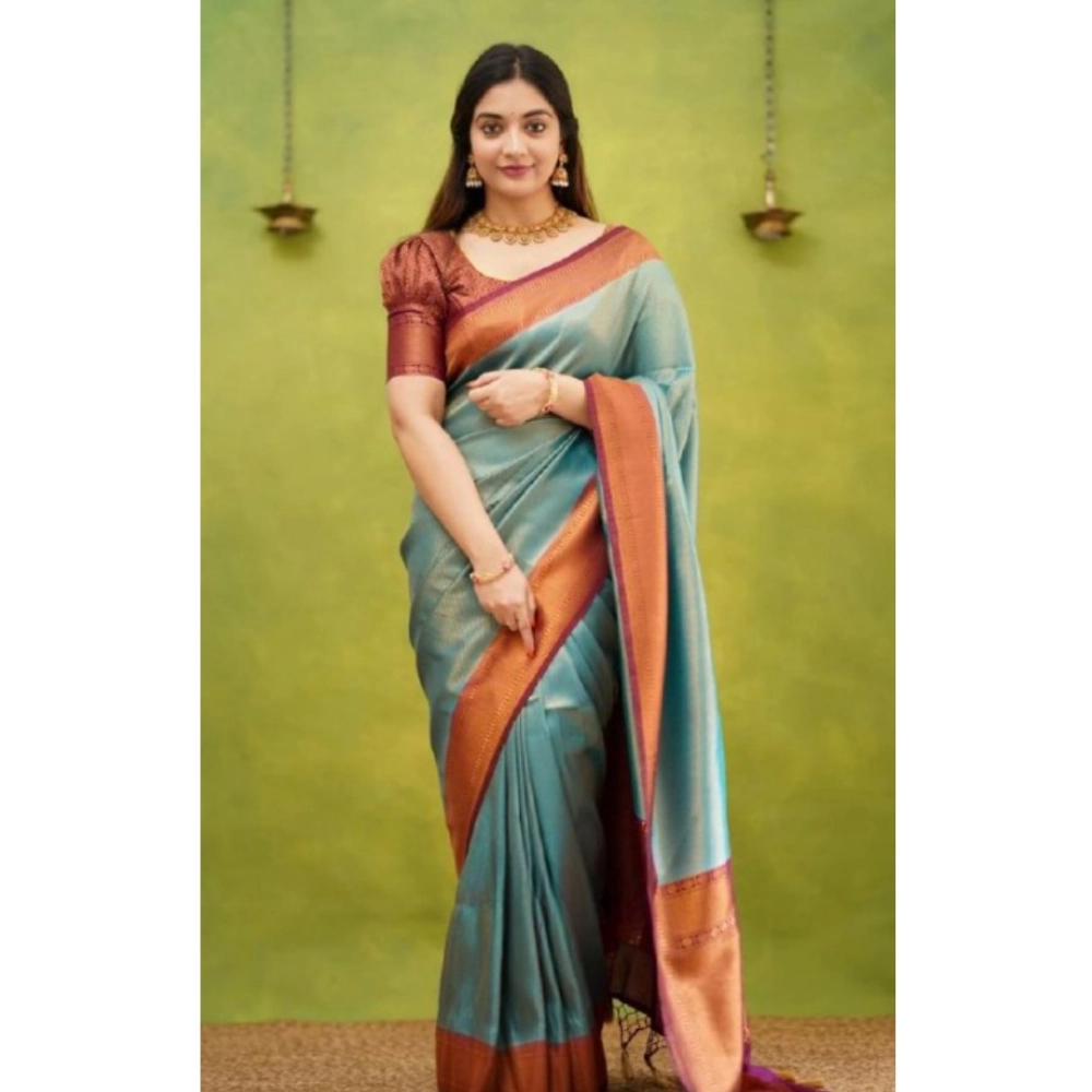 Generic Women's Silk Printed Saree With Unstitched Blouse 5.5Mtr (Rama) - Image 3