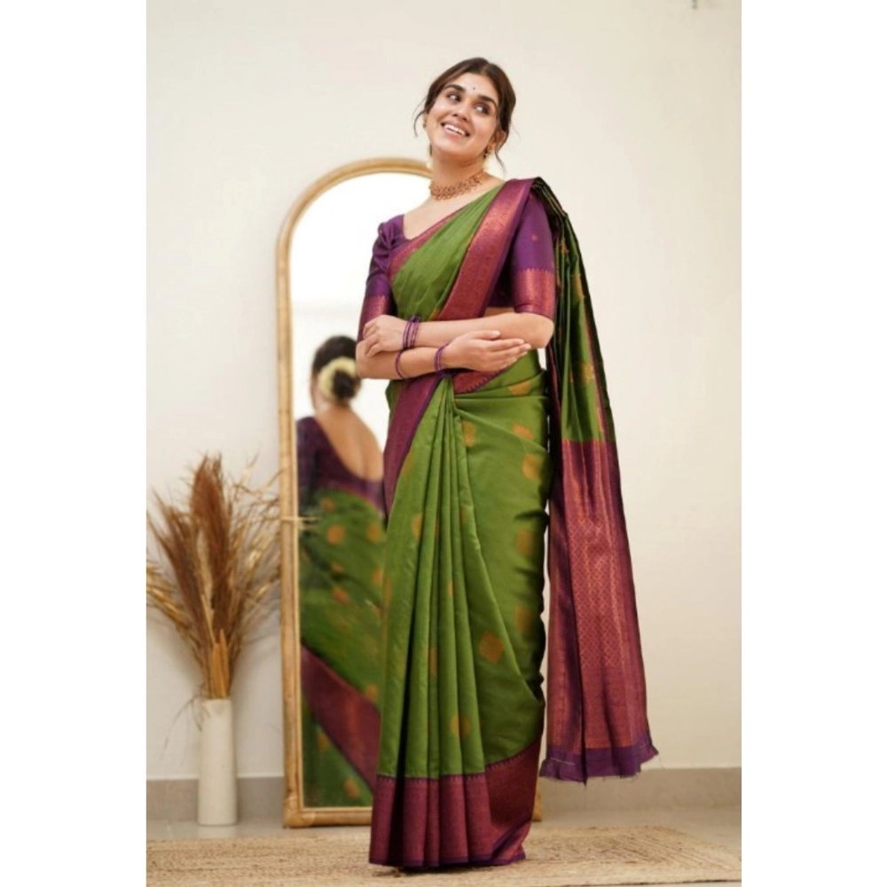Generic Women's Silk Printed Saree With Unstitched Blouse 5.5Mtr (Green) - Image 3
